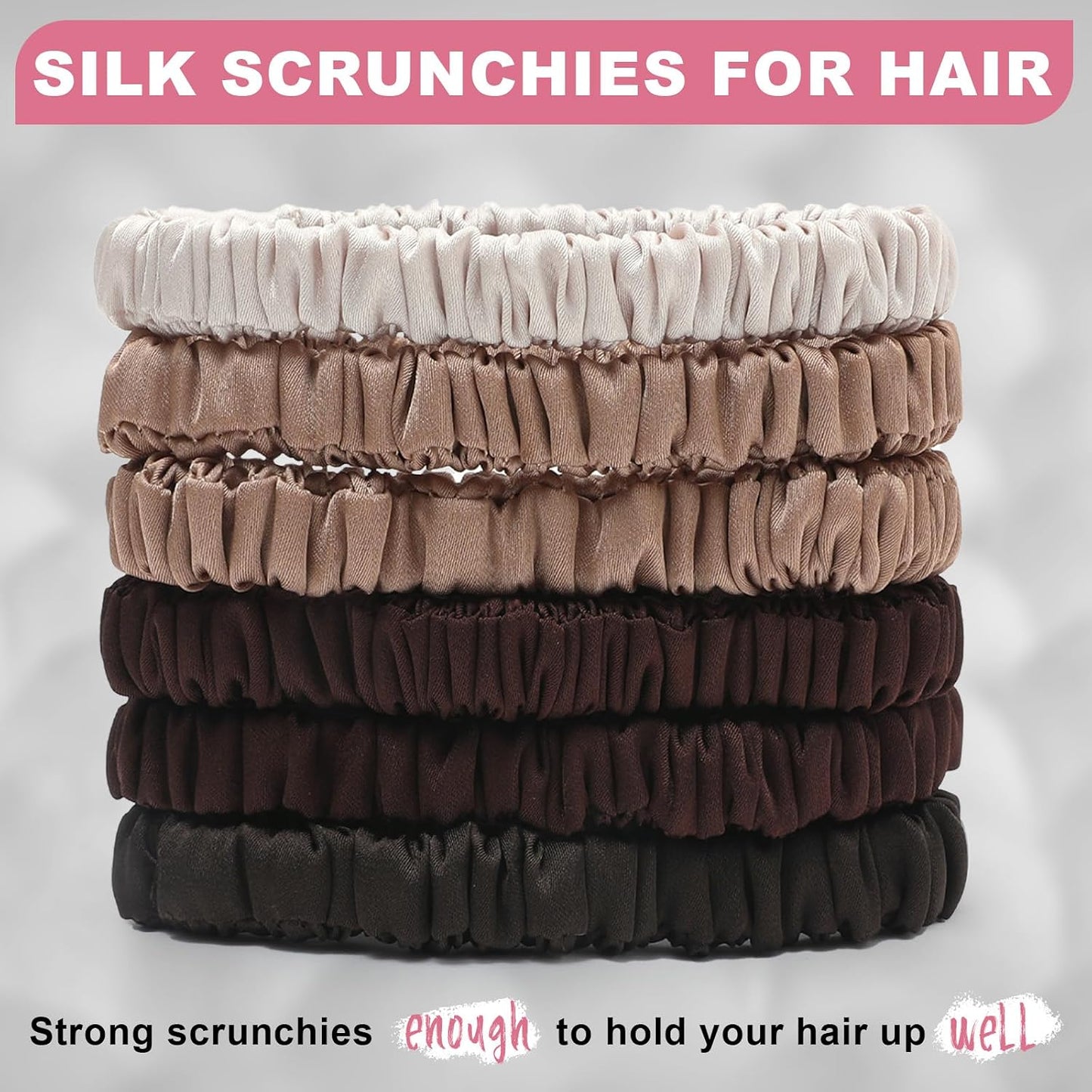 6Pcs Silk Hair Ties 100% Pure Mulberry Silk Scrunchies for Women Girls | No Hair Crease, Anti Frizz, Gentle Hold, No Damage, Black Brown Pink