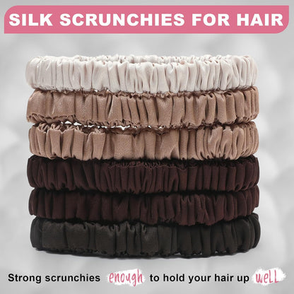 6Pcs Silk Hair Ties 100% Pure Mulberry Silk Scrunchies for Women Girls | No Hair Crease, Anti Frizz, Gentle Hold, No Damage, Black Brown Pink