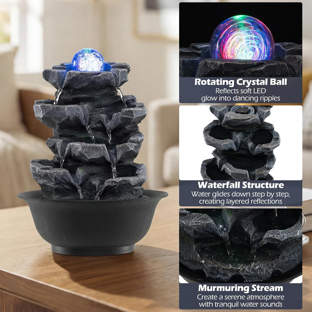 Giantex Tabletop Water Fountain with Warm LED Light, Tiered Rock Waterfall with Pump, Zen Meditation Desktop Decor for Office, Home Relaxation