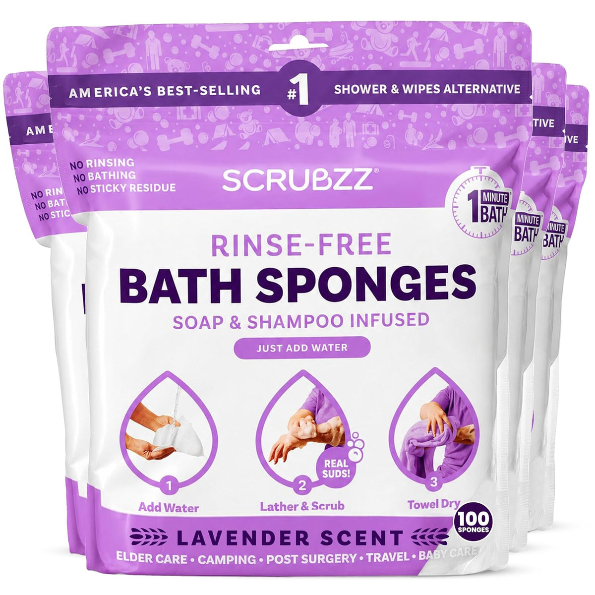 Scrubzz Disposable Rinse Free Bathing Wipes - 25 Pack - All-in-1 Single Use Shower Wipes, Simply Dampen, Lather, and Dry Without Shampoo or Rinsing
