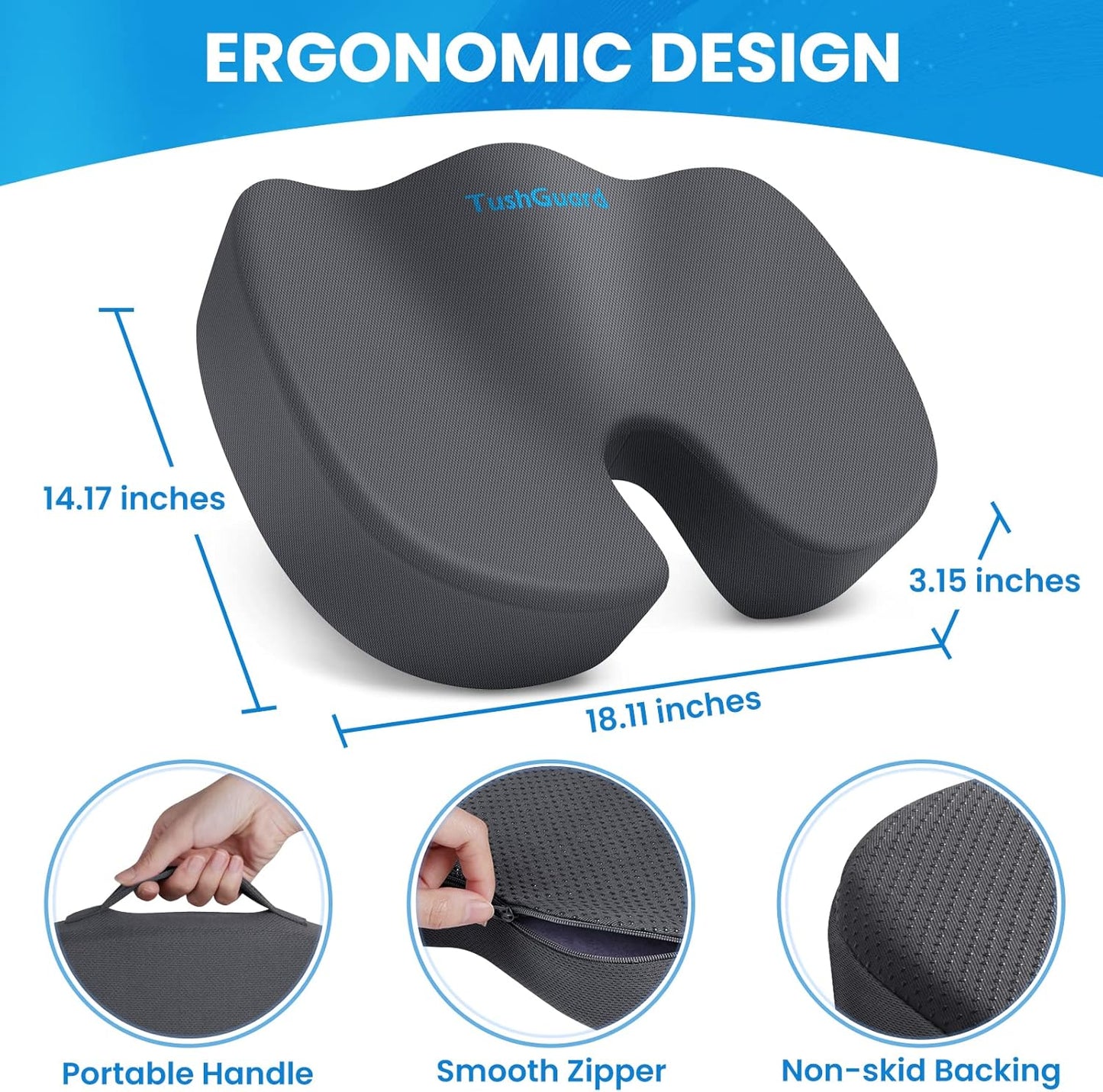 TushGuard Seat Cushion for Office Chair Memory Foam Non-Slip Cushion Back, Relief Chair Pad, Butt Pillow for Office Chair, Car, Computer Desk, Black