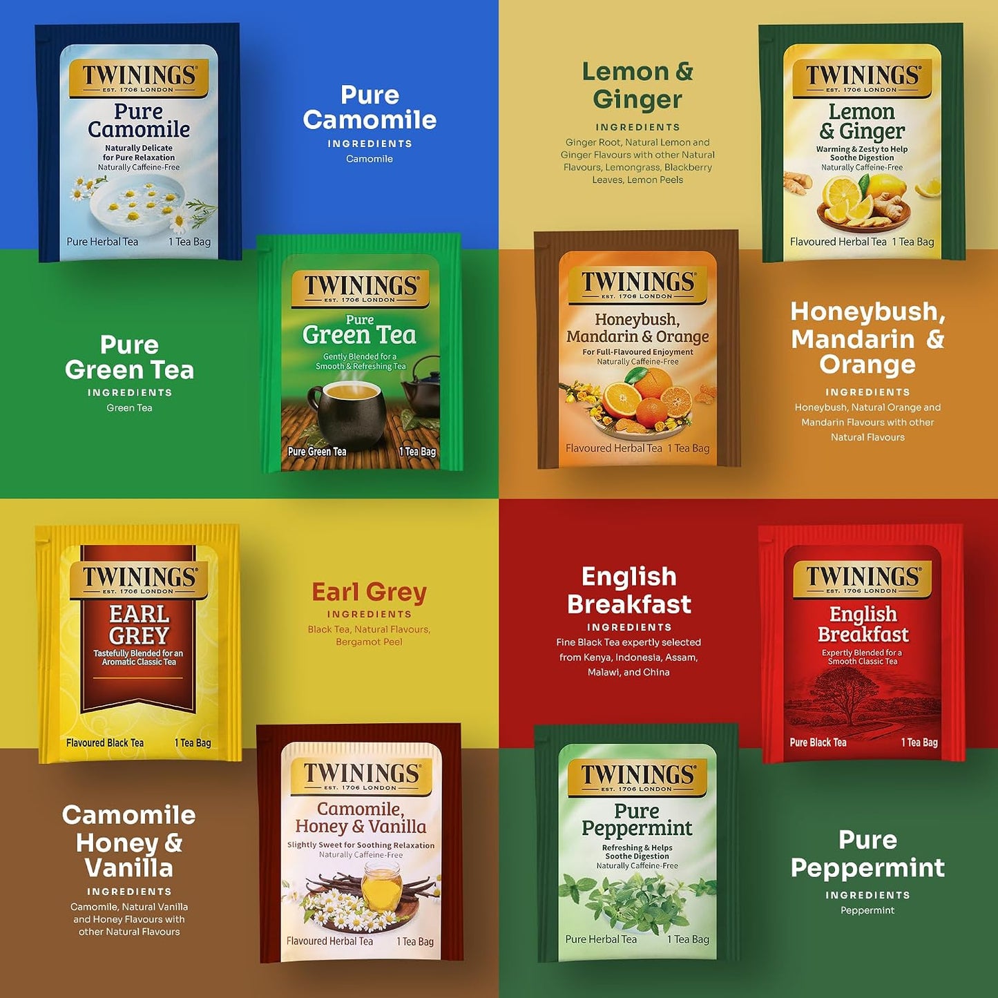 Twinings 48 Tea Bags Herbal Variety Pack – 12 Herbal Flavors, Caffeine-Free, Individually Wrapped, Perfect Tea for Any Occasion