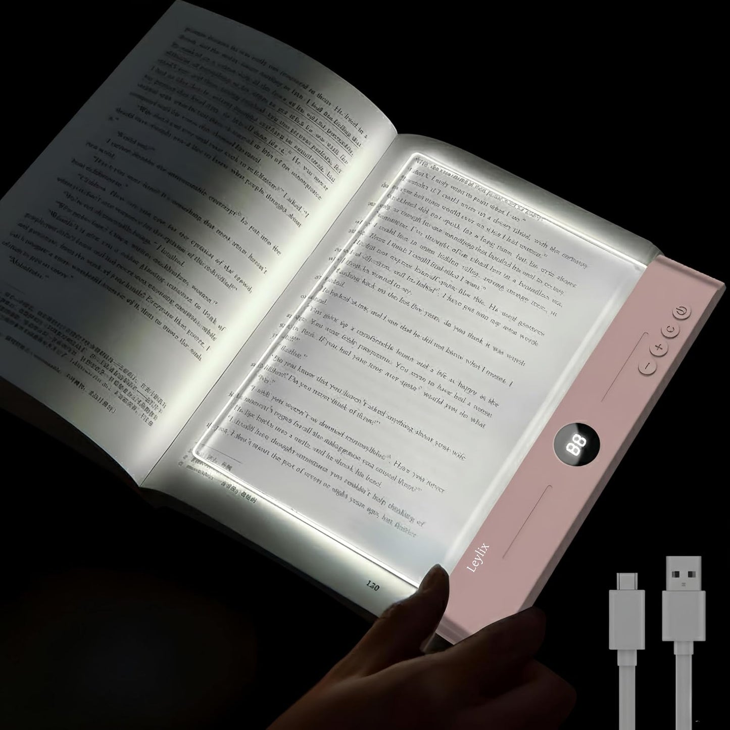 XL LED Flat Book Light for Reading at Night in Bed, Matte Pink | Eye-Caring Page Illuminator 3 Color Temperatures Stepless Dimmable USB Rechargeable, Portable Flat Panel Lamp with Soft