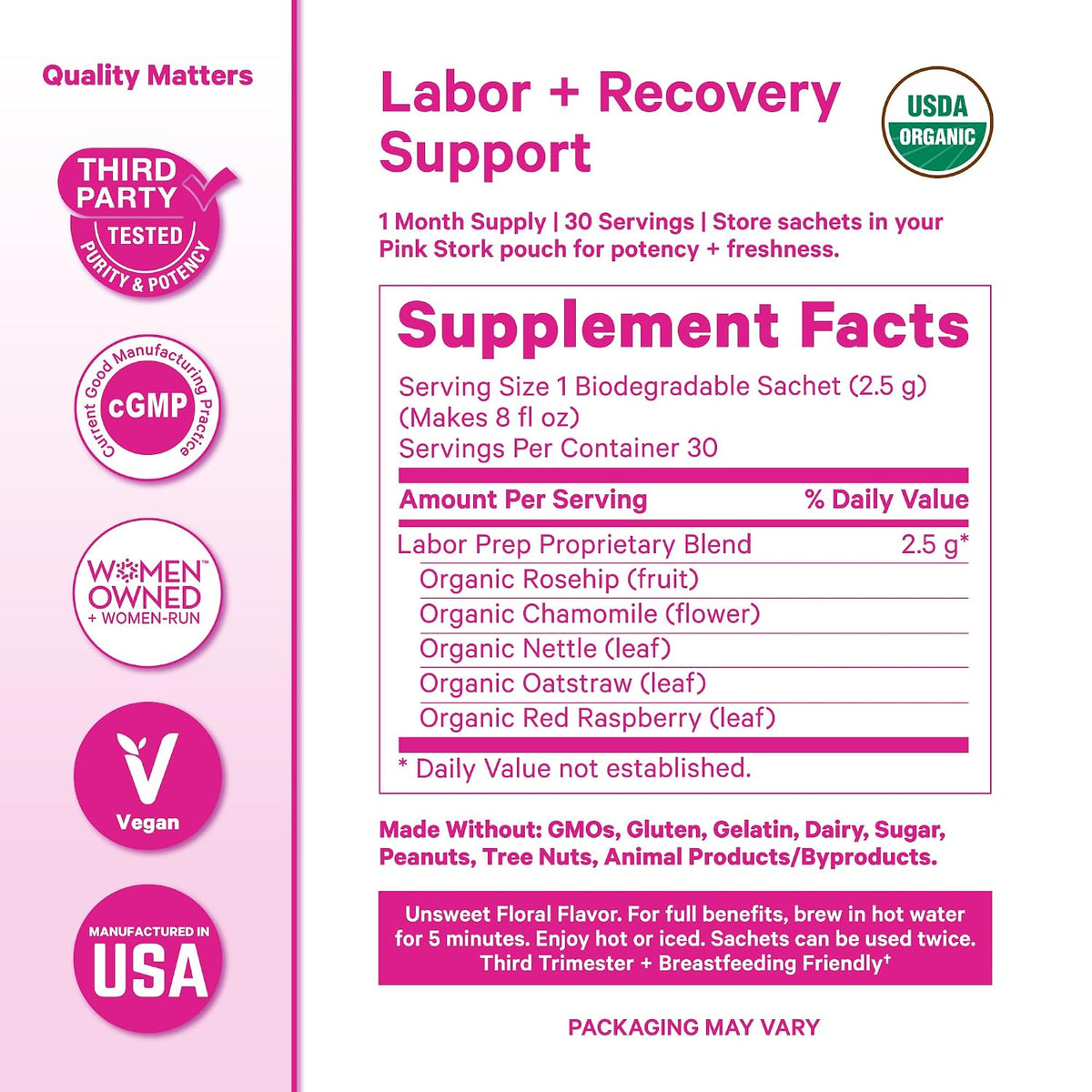 Pink Stork Organic Labor Prep Tea, Red Raspberry Leaf, Floral, 30 Cups