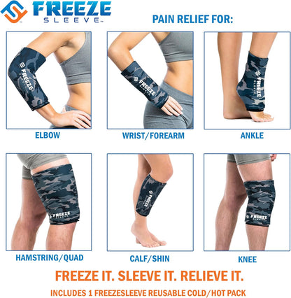FreezeSleeve Ice & Heat Therapy Sleeve- Reusable, Flexible Gel Hot/Cold Pack, 360 Coverage for Knee, Elbow, Ankle, Wrist- Blue Camo, Large