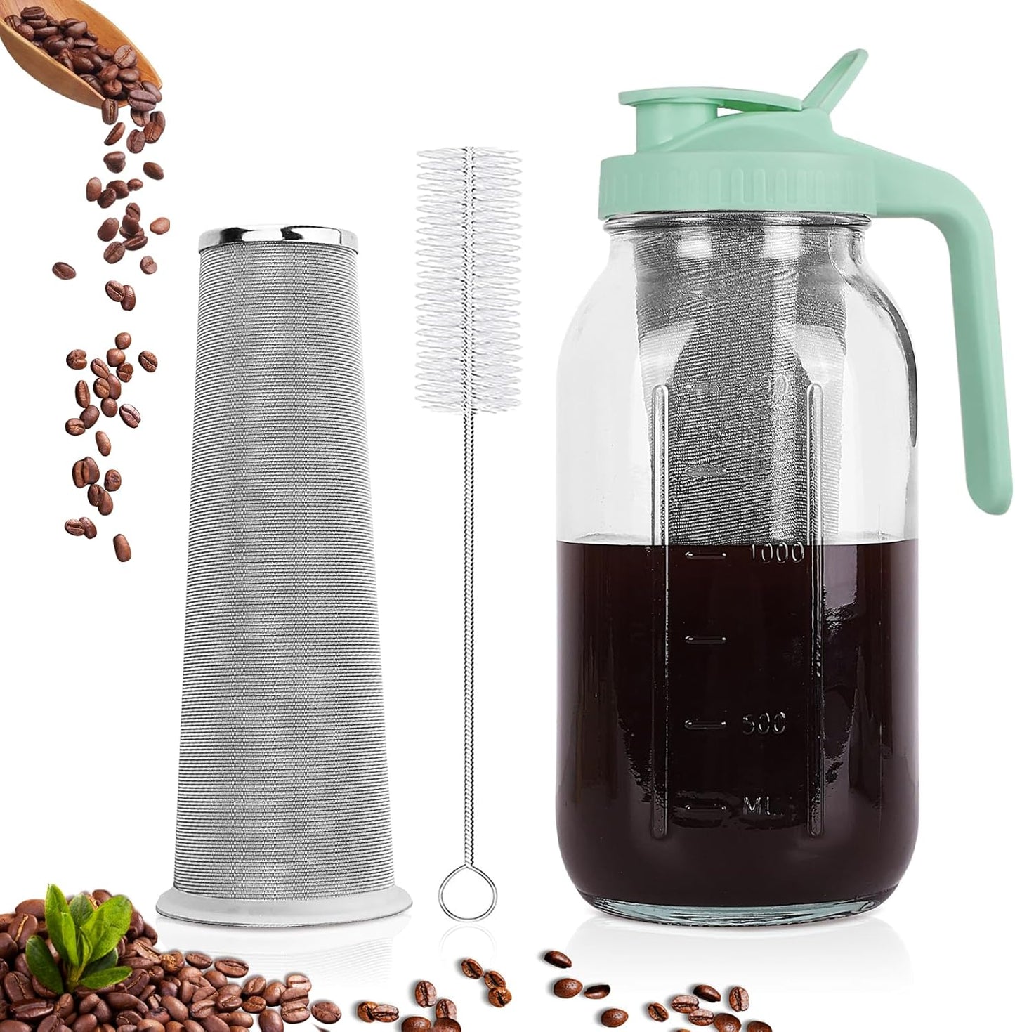 Cold Brew Coffee Maker,64 oz Mason Jar Pitcher with Stainless Steel Filter, Pour Spout Handle Lid, Heavy Duty Glass Airtight & Leak-Proof for Iced Coffee,Tea & Lemonade