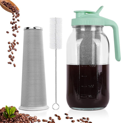 Cold Brew Coffee Maker,64 oz Mason Jar Pitcher with Stainless Steel Filter, Pour Spout Handle Lid, Heavy Duty Glass Airtight & Leak-Proof for Iced Coffee,Tea & Lemonade