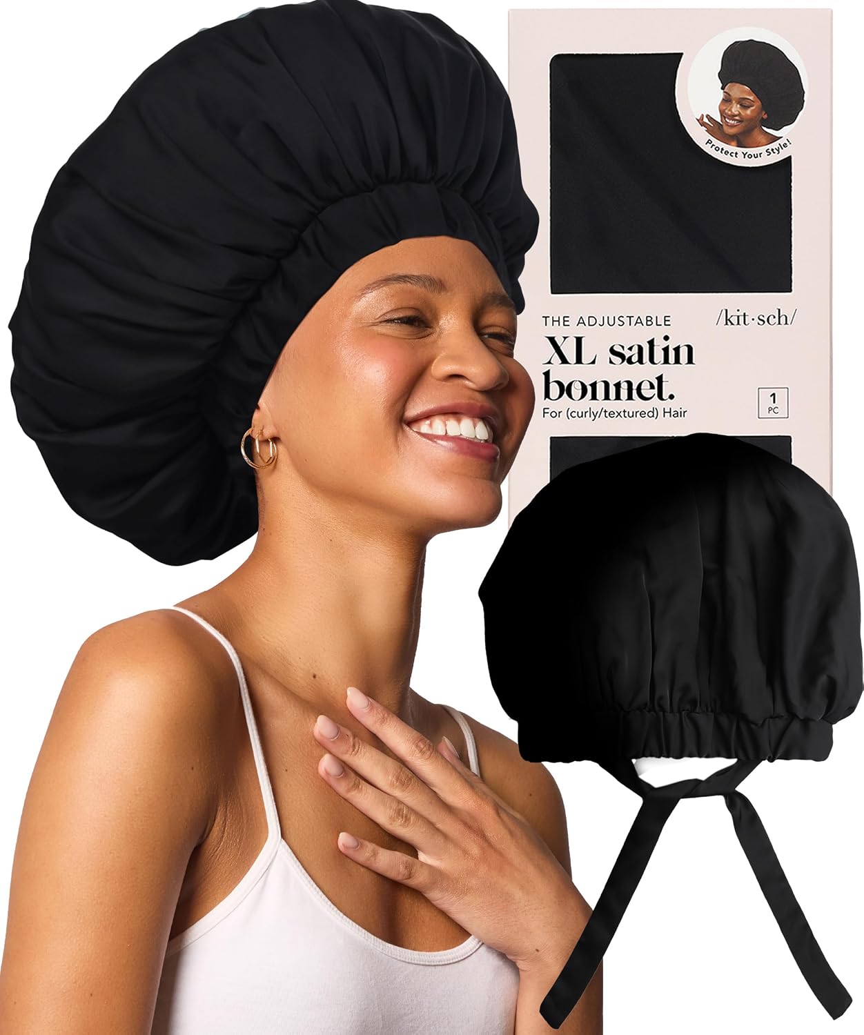 Kitsch XL Satin Bonnet for Sleeping - Softer Than Silk Bonnet For Sleeping Women - Secure Fit, Adjustable, Night Cap For Curly & Textured Hair - Prevents Breakage, Tangles & Thinning - Blush