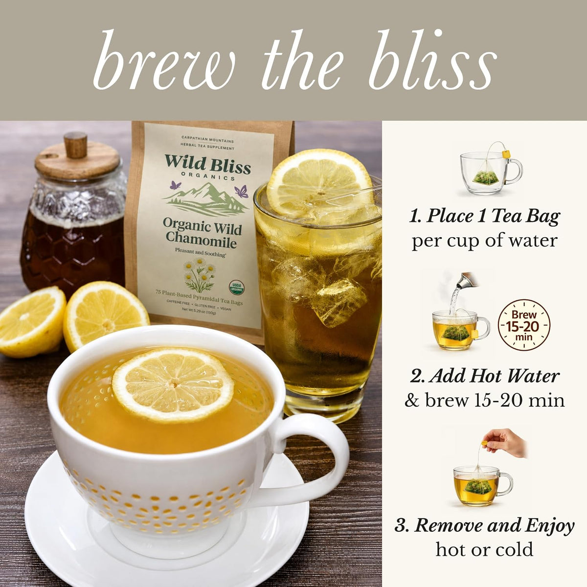 Wild Bliss Organic Chamomile Tea - Caffeine Free Calming Herbal Support - Pharmacopoeia Potency - 75 Plant Based Tea Bags