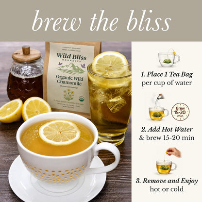 Wild Bliss Organic Chamomile Tea - Caffeine Free Calming Herbal Support - Pharmacopoeia Potency - 75 Plant Based Tea Bags