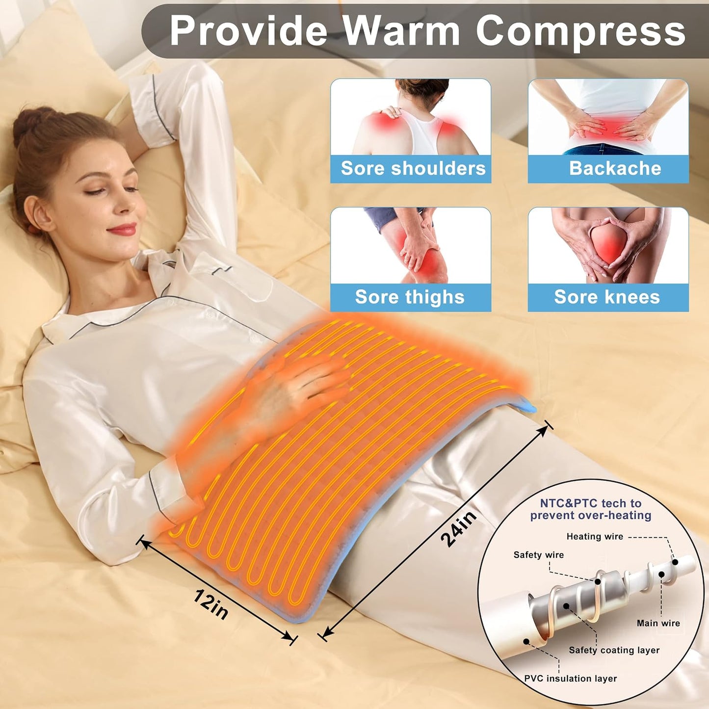 Heating Pad Electric Heat Pad, Hot Heated Pad,Multiple Temp and Timer Settings,Suitable for Shoulders, Neck, arms, Abdomen, Back, Legs, etc. (Silver Gray, 24"X12")