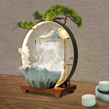 Mini Artificial Bonsai Tree Waterfall Fog Feature Rock Tabletop Fountain | 11in Desktop Decor Waterfall Fountain W/ Water Pump& Atomizer&LED Lights &Fake Tree Office Bedroom Relax