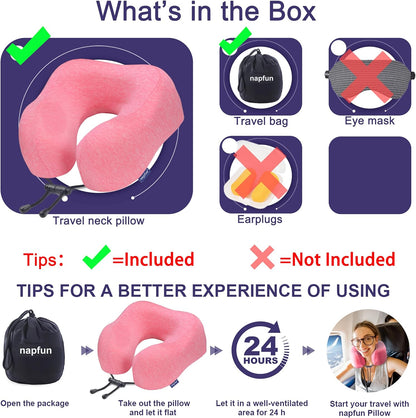 napfun Neck Pillow for Traveling, Upgraded Travel Neck Pillow for Airplane 100% Pure Memory Foam Travel Pillow for Flight Headrest Sleep, Portable Plane Accessories, Light Grey