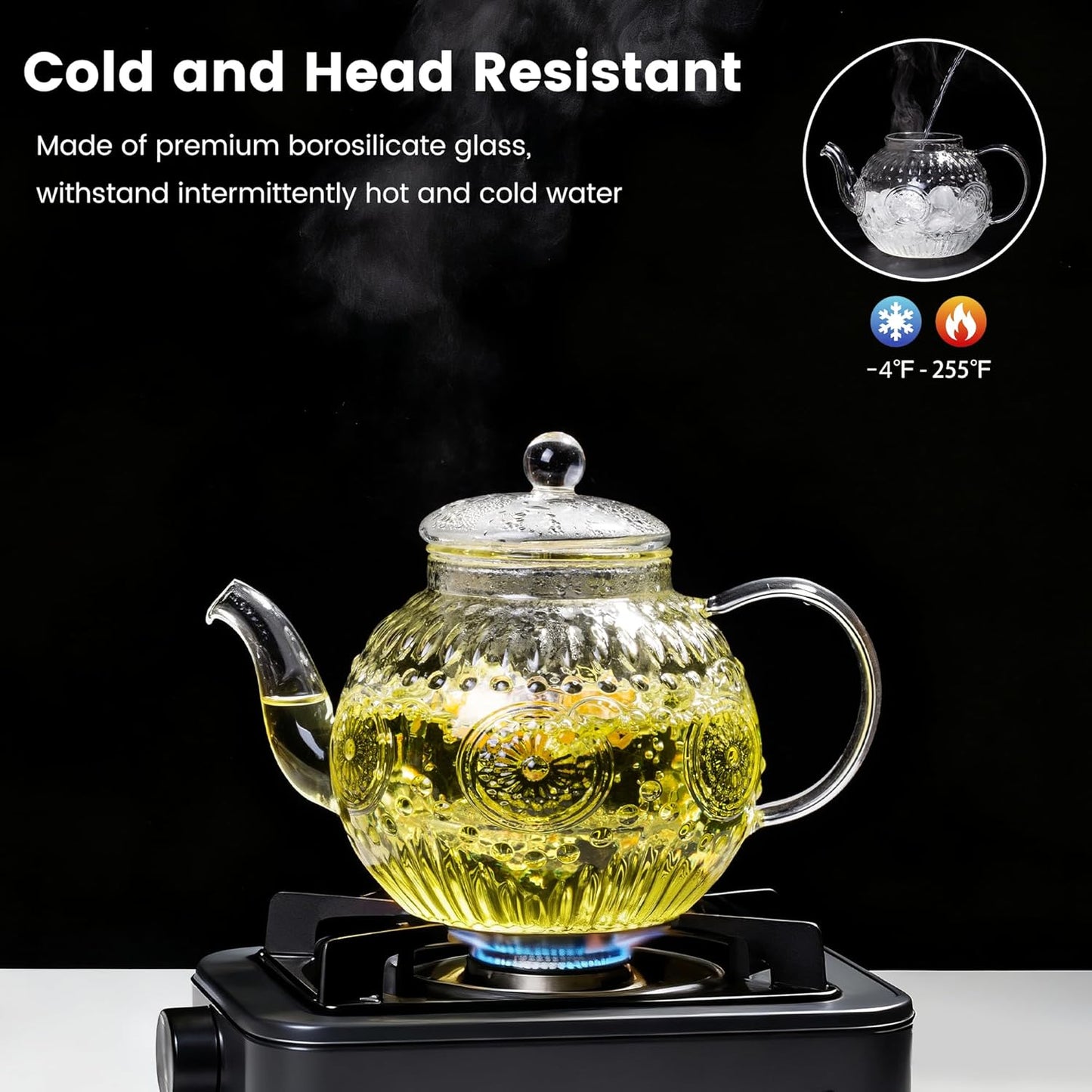 Bandesun Vintage Glass Teapot, Tea Kettle with Removable Infuser 32OZ/1000ml, Borosilicate Glass Pot -Stovetop Safe, Blooming & Loose Leaf Tea Maker Set