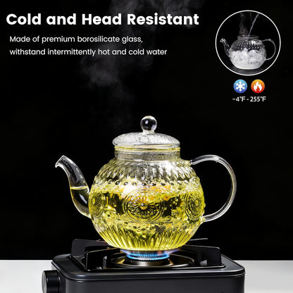 Bandesun Vintage Glass Teapot, Tea Kettle with Removable Infuser 32OZ/1000ml, Borosilicate Glass Pot -Stovetop Safe, Blooming & Loose Leaf Tea Maker Set