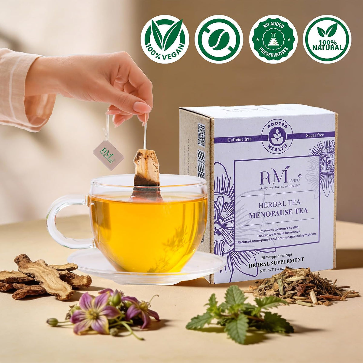Puvi Care Menopause Tea, Dong Quai Tea for Hot Flash Relief, Herbal Tea bags Hormone BalancePassion Flower Tea Motherwort tea | Non-GMO, Sugar-Free, Gluten Free | Hot flash relief for women | 20 Bags