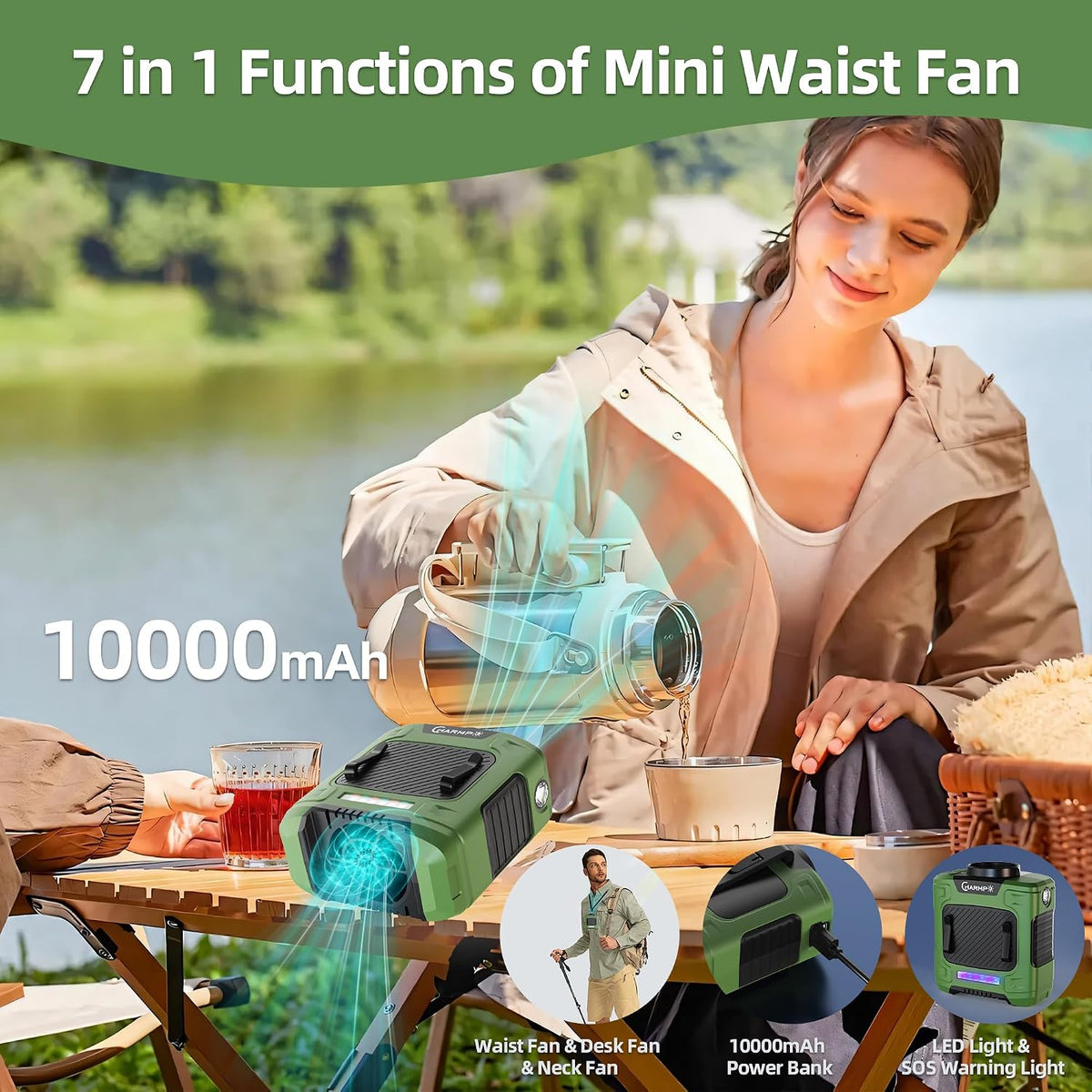 Waist Fan - Portable Cooling Clip Belt Fan with 10000mAh Battery, 24H Working Time, 3 Speeds, 16000RPM Airflow, LED SOS Warning Light for Jobsite, Farming, Fishing, Hot Summer