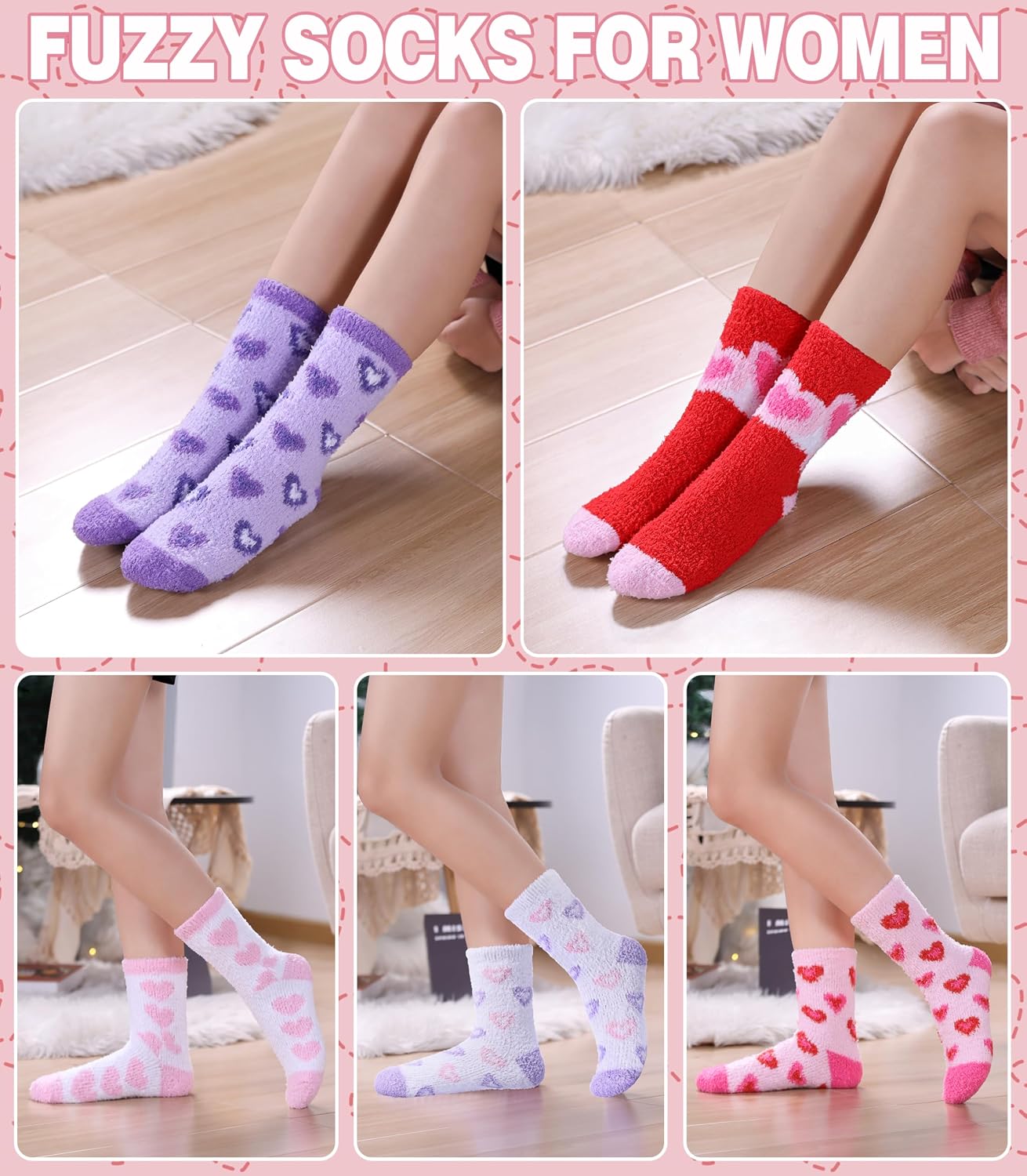 LANLEO Fuzzy Socks for Women Fluffy Slipper Winter Warm Soft Cozy Microfiber Plush Sleeping Heart Socks