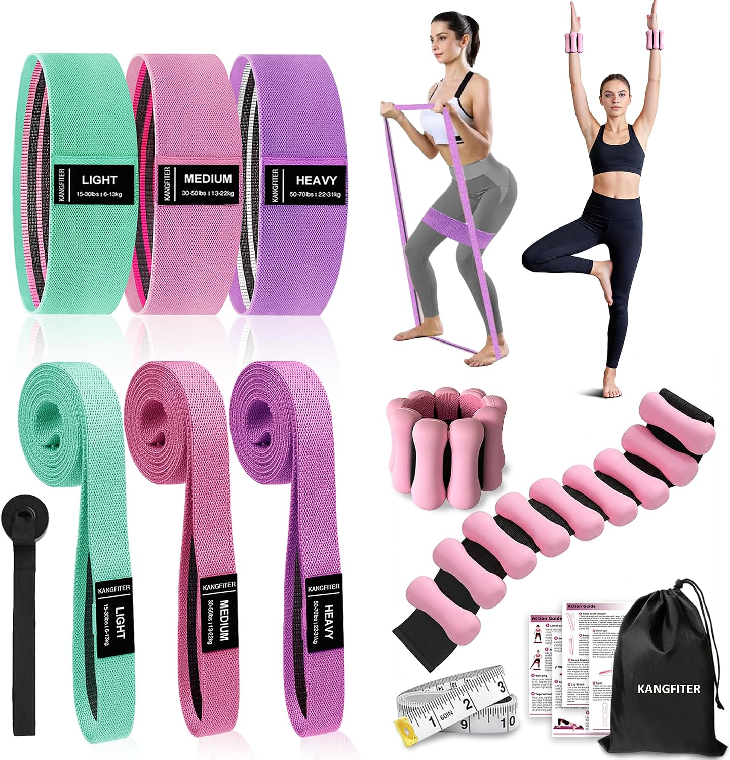 KANGFITER Long and Short Fabric Resistance Bands with Door Anchor, Non-Slip Stretch Booty Bands for Working Out Women & Men, Loop Exercise Elastic Bands for Home Physical Therapy Yoga Pilates