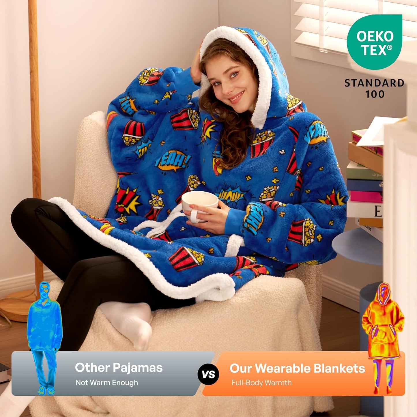 Giggling Getup Wearable Blanket Hoodie for Adults Gifts for Teen Girls Sister Women Sherpa Fleece Printed Hooded Blanket Sweatshirt Warm Cozy with Pocket & Sleeves Beige Cat