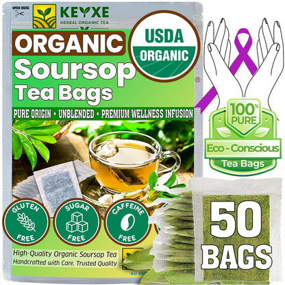 KEYXE - USDA Organic Soursop Graviola Leaves Tea 50 Bags. Non-GMO Verified , 100% Organic Soursop Leaves for Digestion, Boosting Immune, Improving Sleep & Skin Health, Gluten Free, Caffein Free , Hojas De Guanabana Tea Organica, Eco-Conscious Tea Bags