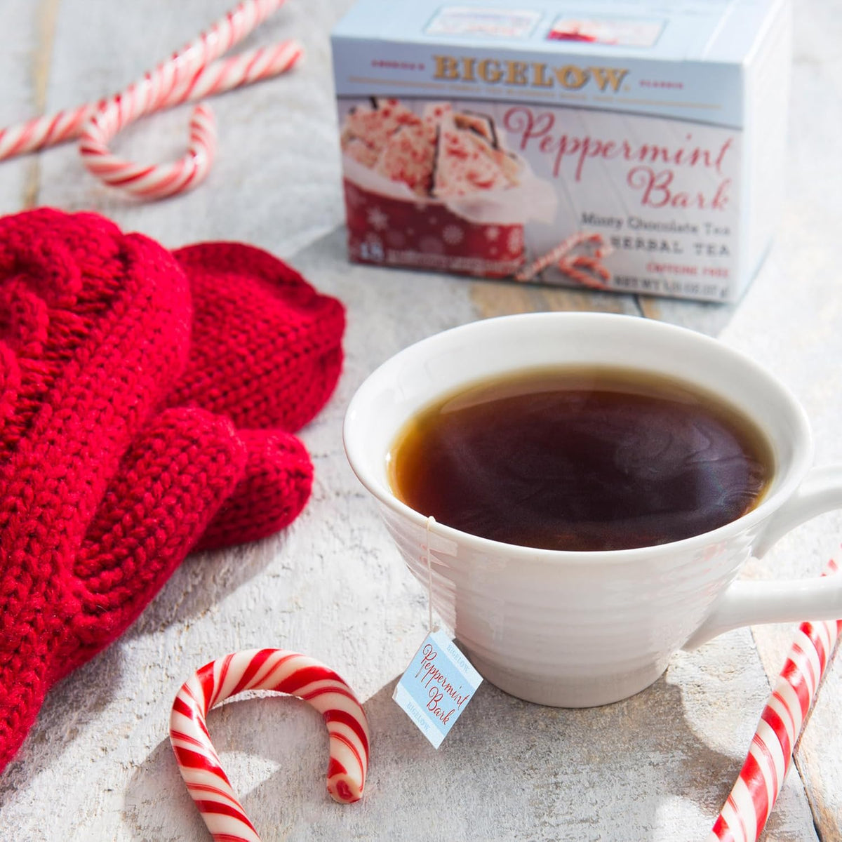 Bigelow Tea Peppermint Bark Herbal Tea, Caffeine Free Tea with Peppermint and Chocolate, Holiday and Christmas Tea, 18 Count Box (Pack of 6), 108 Total Tea Bags