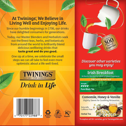 Twinings Decaffeinated English Breakfast Black Tea Individually Wrapped Bags, 100 Count (Pack of 1), Smooth, Flavourful Black Tea, Enjoy Hot or Iced, 100 Teabags
