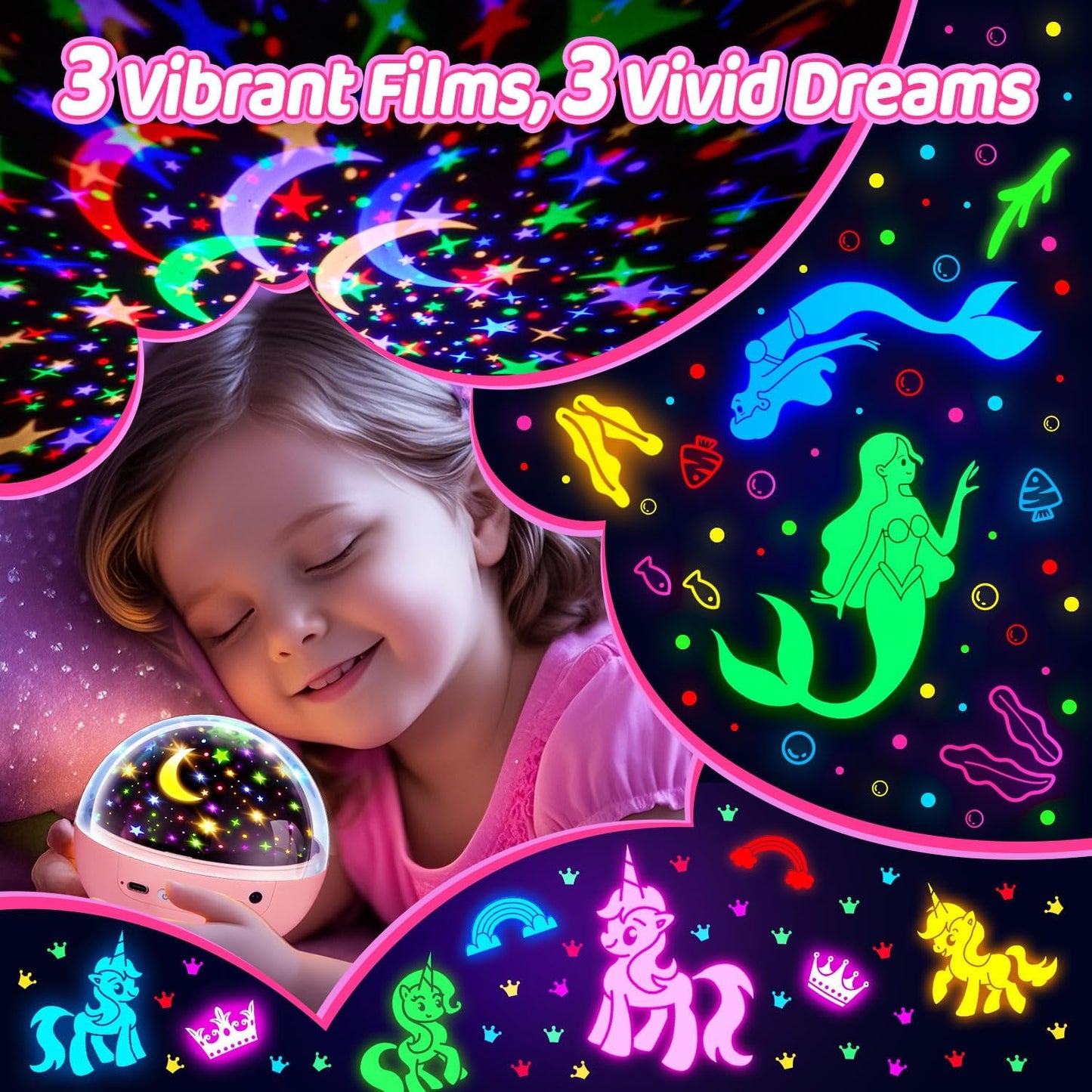 COOLNIGHT Night Light for Kids,93 Lighting+3 Films Kids Night Light Projector,Remote+Dimmable Star Projector,360° Ceiling Stars Glow in The Dark Stars,Christmas Gifts for 4 Year Old Boy Birthday Gift