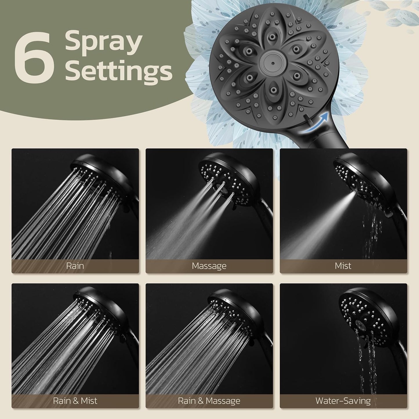 6-Setting Shower Head with Handheld, JDO High Pressure Hand held Shower Head, 4.7 Inch Chrome Detachable Showerhead Set with 59 Inch Stainless Steel Hose and Adjustable Showerhead Holder