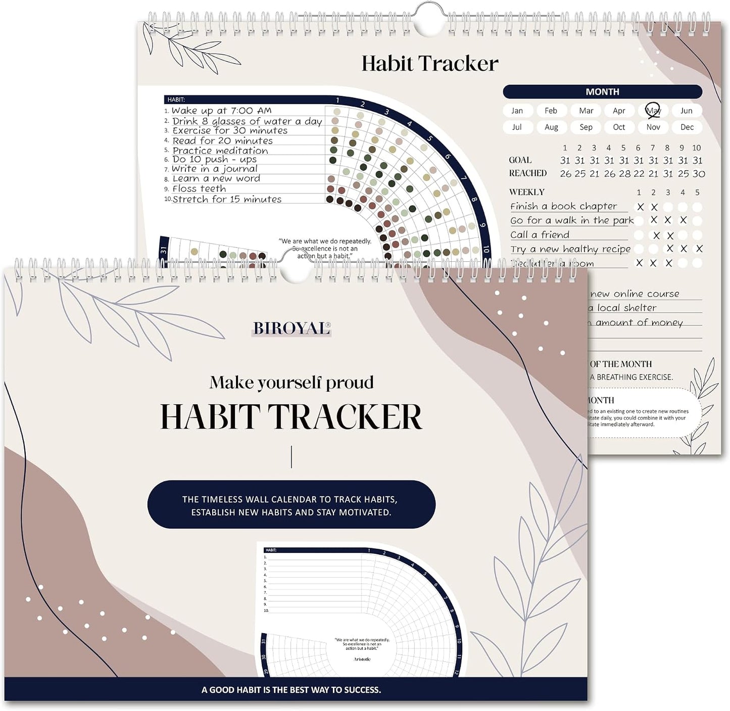 BIROYAL Habit Tracker Calendar 2026 (Undated 12 Months) - Daily Habit Tracker Jounal with Spiral Binding & Hanger - Goal Tracker - Motivational Monthly Habit Calendar - Productivity Tool and Workout Calendar - 8.3" x 11.2" (A4 Size)