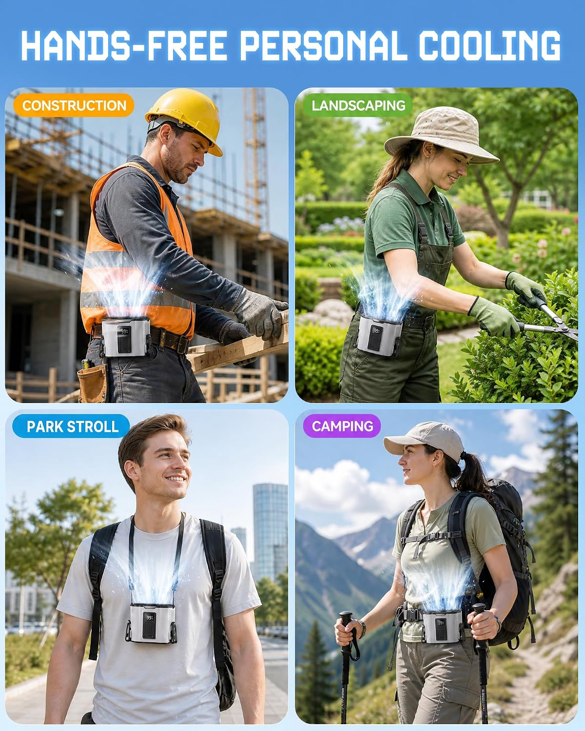 Portable Personal Fan: 3-Motor Hands-Free Waist Fan with 12,000mAh Battery