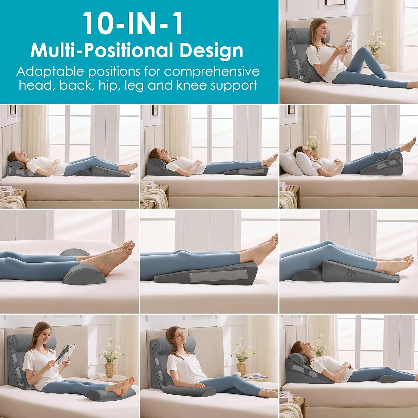 3Pcs Wedge Pillow Set for After Surgery,Acid Reflux Relief, Adjustable Bed Wedge Pillows for Sleeping,Anti Snore, Memory Foam Triangle Pillow for Back&Neck&Shoulder Pain Relief, White&Grey
