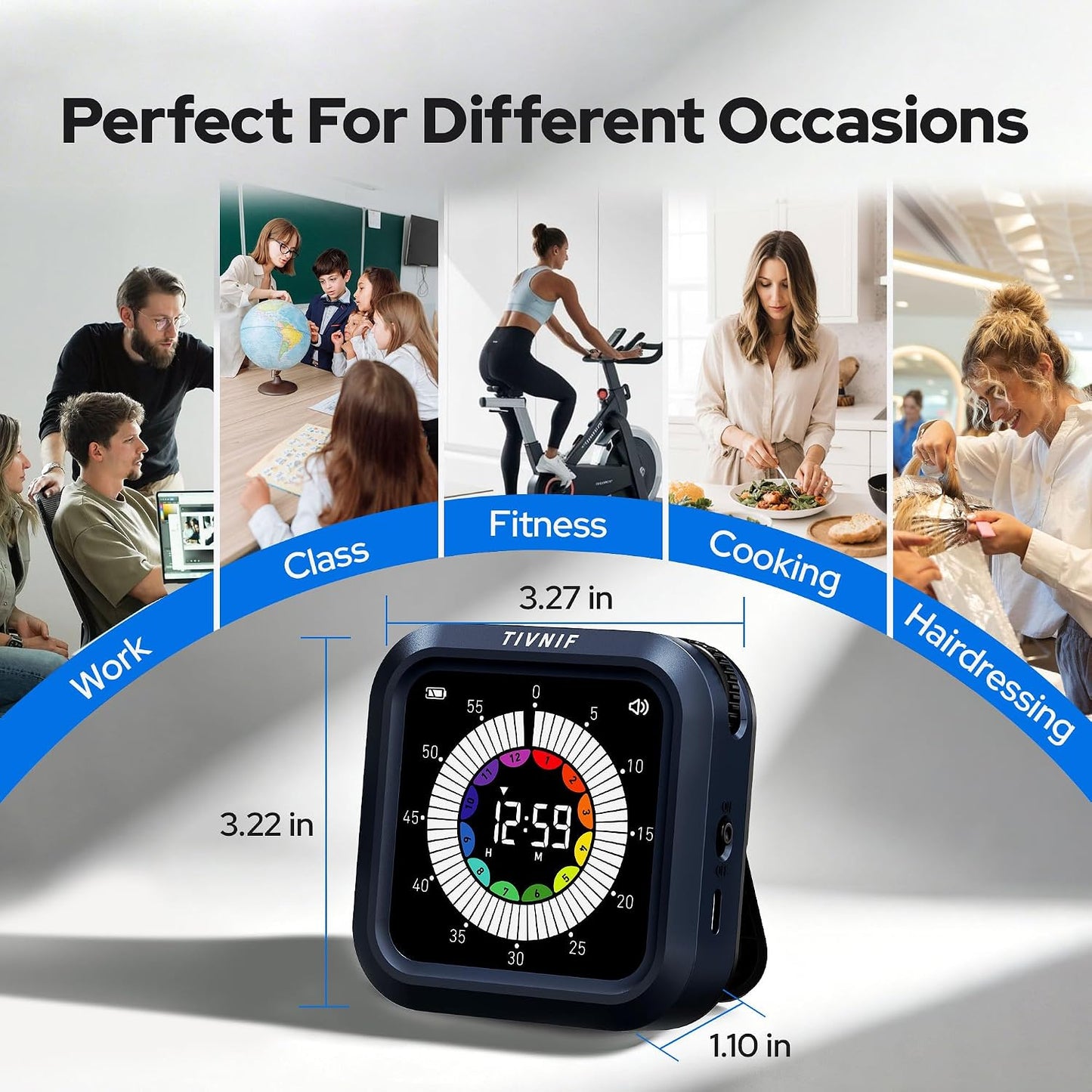 Visual Timer for Kids with Color Display Kitchen Timer 1500mAh Battery | Memory Function Scroll Wheel Control, Magnetic Back with Stand, Up to 12h59m Countdown, Kitchen, Study & Classroom
