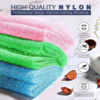 UJFQBH 3 Pieces African Bath Sponge African Net Long Net Bath Sponge Exfoliating Shower Body Scrubber Back Scrubber Skin Smoother,Great for Daily Use (Pink,Yellow,Purple)