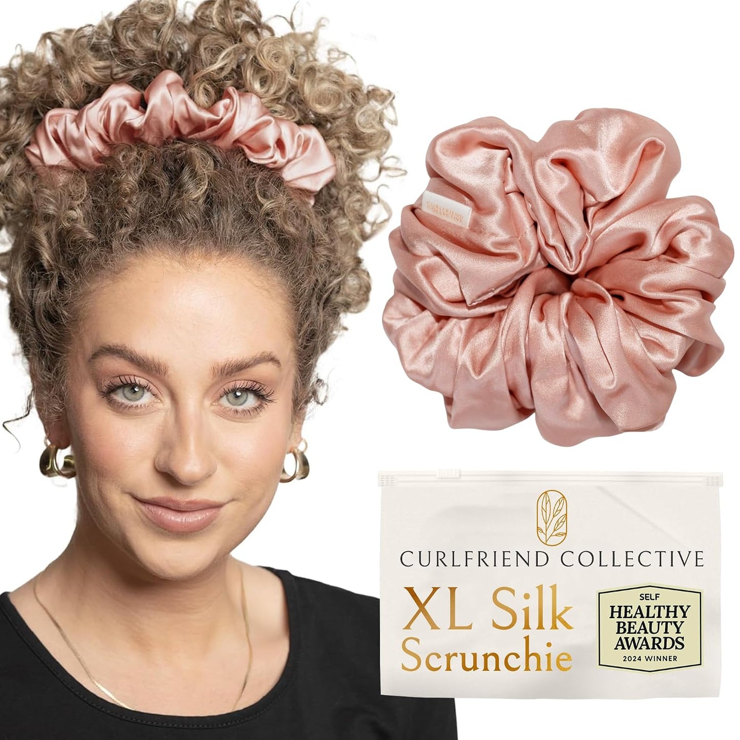 Silk Scrunchies for Women Ponytail Holders – Oversized Mulberry Silk Scrunchies – Extra Large No Damage Hair Ties for Curly, Thick, and Thin - Hair Accessories for Women – Black, XL By Curlfriend