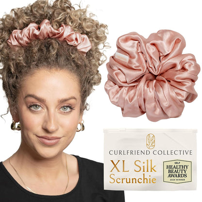 Silk Scrunchies for Women Ponytail Holders – Oversized Mulberry Silk Scrunchies – Extra Large No Damage Hair Ties for Curly, Thick, and Thin - Hair Accessories for Women – Black, XL By Curlfriend
