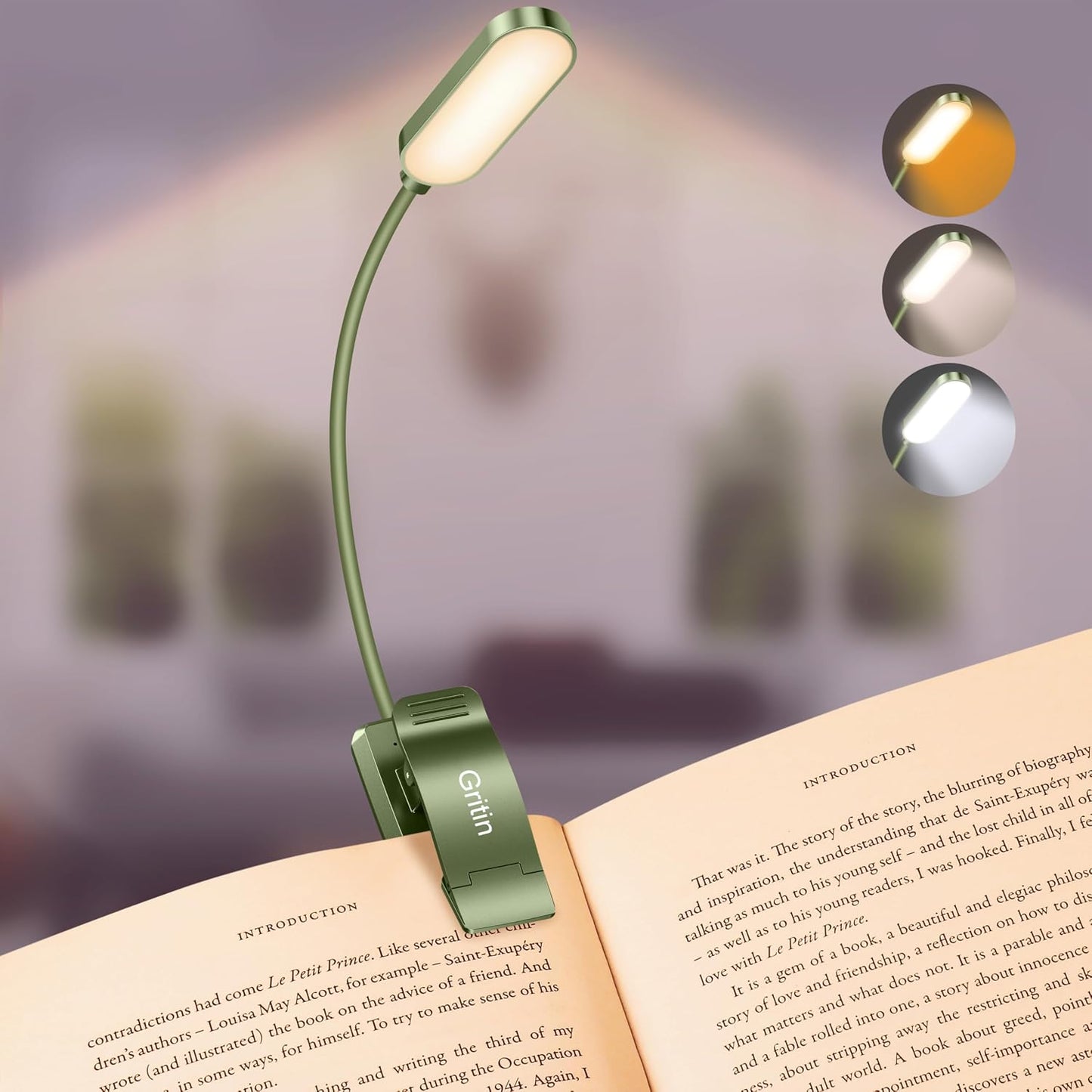 Gritin 16 LED Rechargeable Book Light for Reading in Bed- Eye Caring 3 Color Temperatures, Stepless Dimming Brightness, 80 Hrs Runtime, Lightweight Flexible Clip on Light for Book Lovers