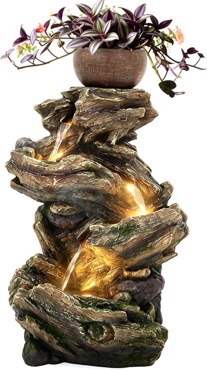 19.5" H 4-Tier Indoor & Outdoor Water Fountain with LED Lights | Resin Pebble Textured Tabletop Cascading Water Feature, Relaxing Decor for Patio, Porch, Deck, Yard & Home