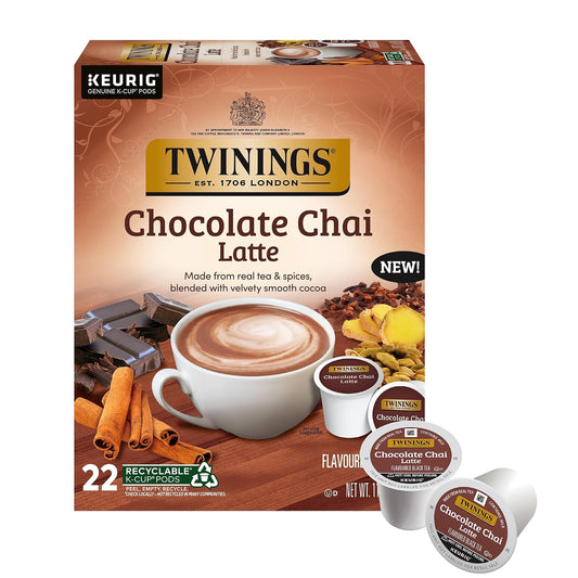 Twinings Chocolate Chai Latte Tea K-Cup Pods for Keurig, 22 Count (Pack of 1), Velvety Smooth Cocoa with Real Spiced Tea, Caffeinated, Enjoy Hot or Iced