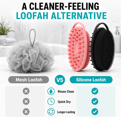 2 Pack Silicone Body Scrubber, Loofah Double-Sided Body Brush,Shower Scrubber and Scalp Massager Shampoo Brush for Sensitive Kids Women Men All Kinds of Skin (Black & Pink)