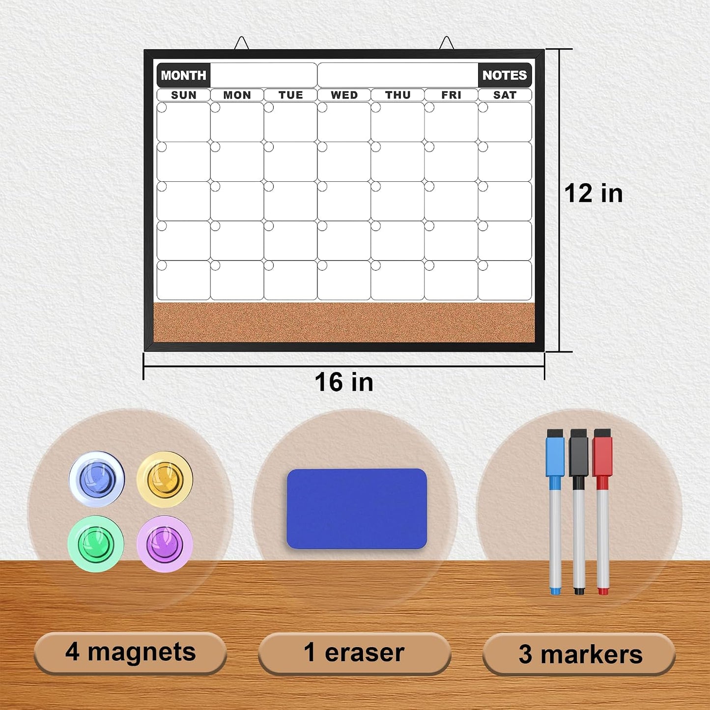 Monthly Calendar Dry Erase Board 16x12 Inch, Double-Sided Whiteboard and Corkboard Combo, Wall Mounted Planner Organizer with Markers, Magnets, Push Pins, Eraser, for Home Office School