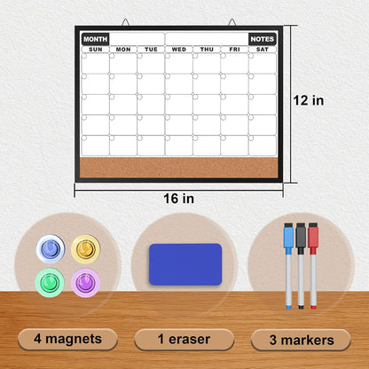 Monthly Calendar Dry Erase Board 16x12 Inch, Double-Sided Whiteboard and Corkboard Combo, Wall Mounted Planner Organizer with Markers, Magnets, Push Pins, Eraser, for Home Office School