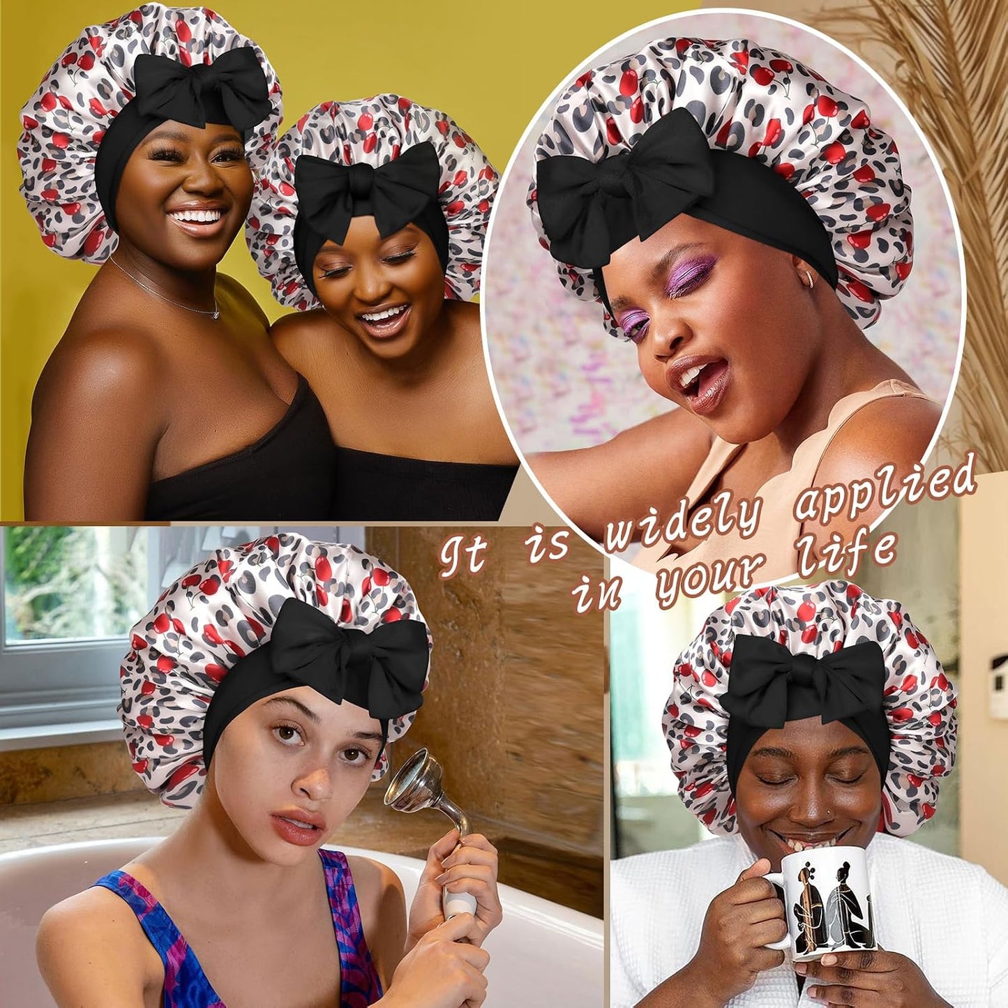 Satin Bonnet for Sleeping Cap Double Layer Hair Bonnet with Elastic Tie Band for Curly Hair Night Cap (Bean Paste + Pink)