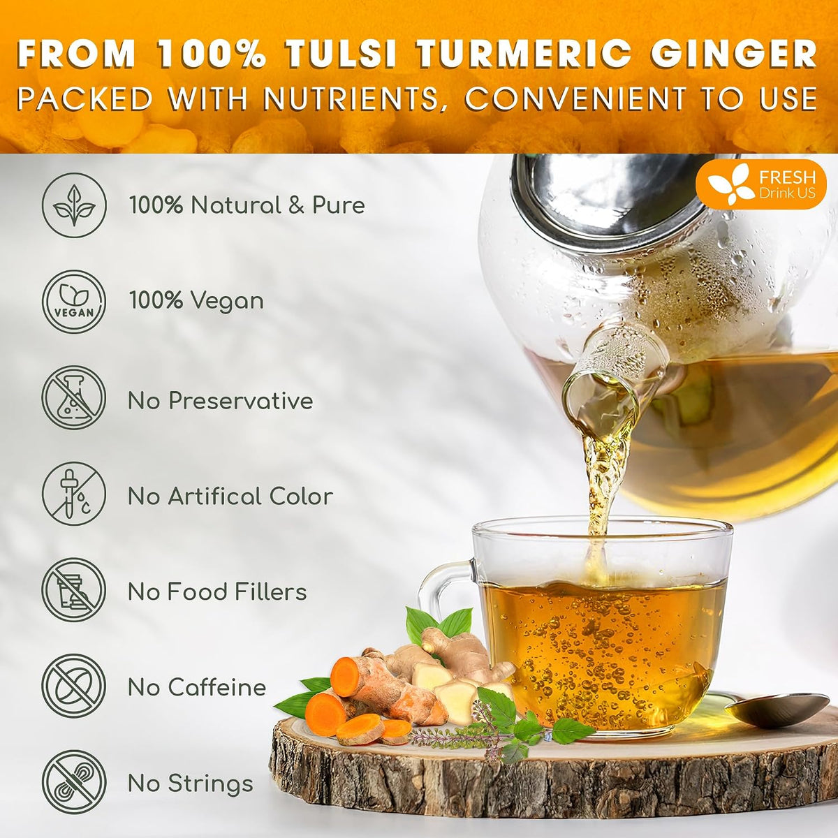 FreshDrinkUS, Premium Tulsi Turmeric Ginger Tea, 135 Count, Caffeine Free