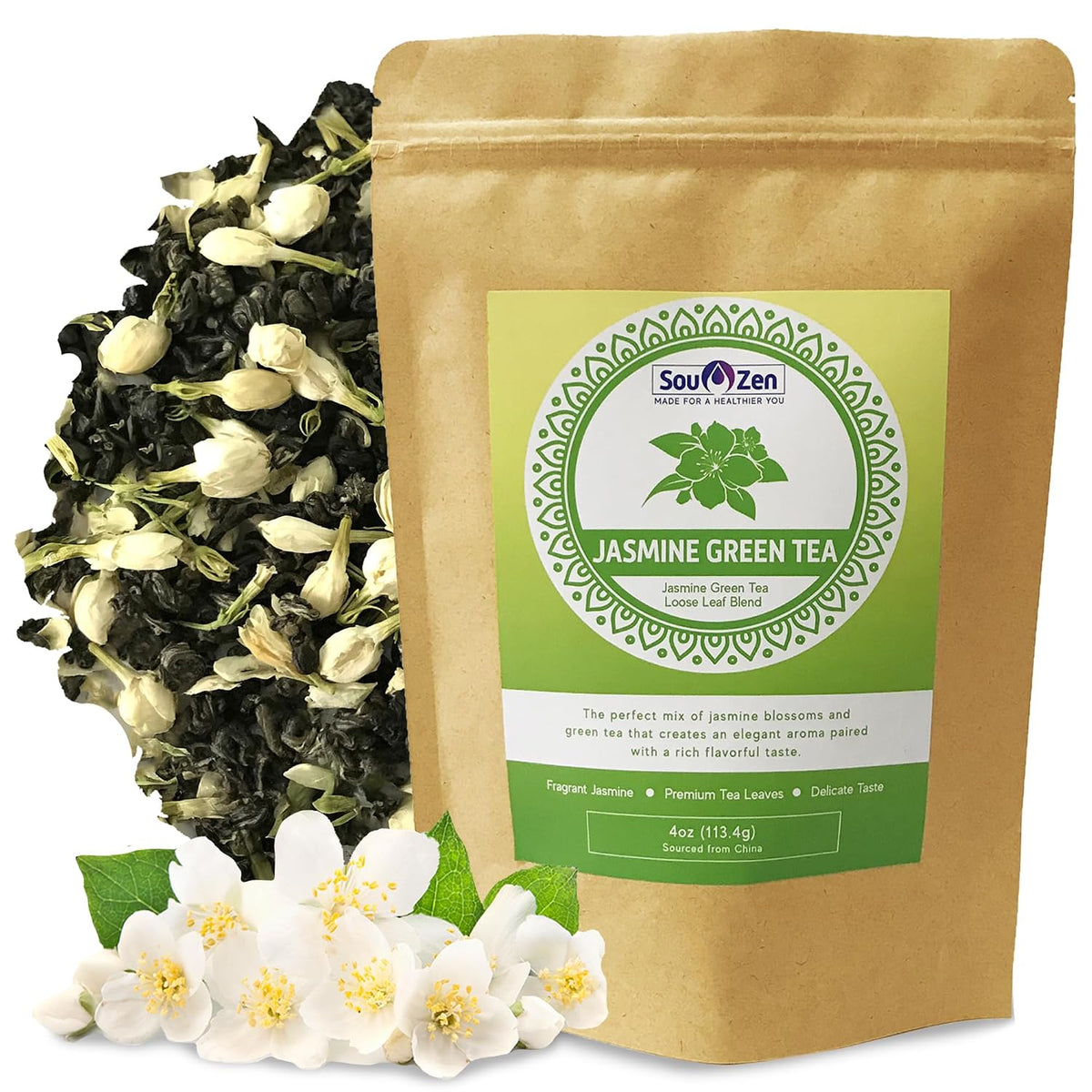 Sou Zen Jasmine Green Tea Loose Leaf Blend, 4oz | Green Tea Leaves with Jasmine Flowers | Fragrant Loose Leaf Jasmine Tea | Resealable Pouch | No Added Sugar, Non-GMO, Gluten Free