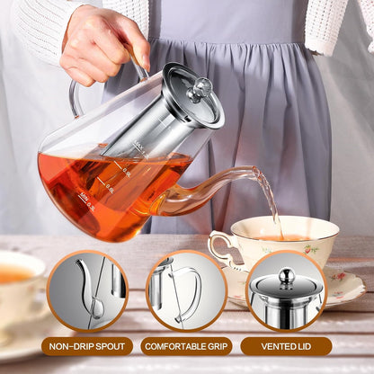 Glass Teapot, 1200ml (40oz) Tea Pot with Infuser for Loose Tea and Blooming Tea, Stovetop Safe Tea Kettle, Hand Crafted Borosilicate Glass Tea Maker with Scale Line, Tea Gift Set for Tea Lovers
