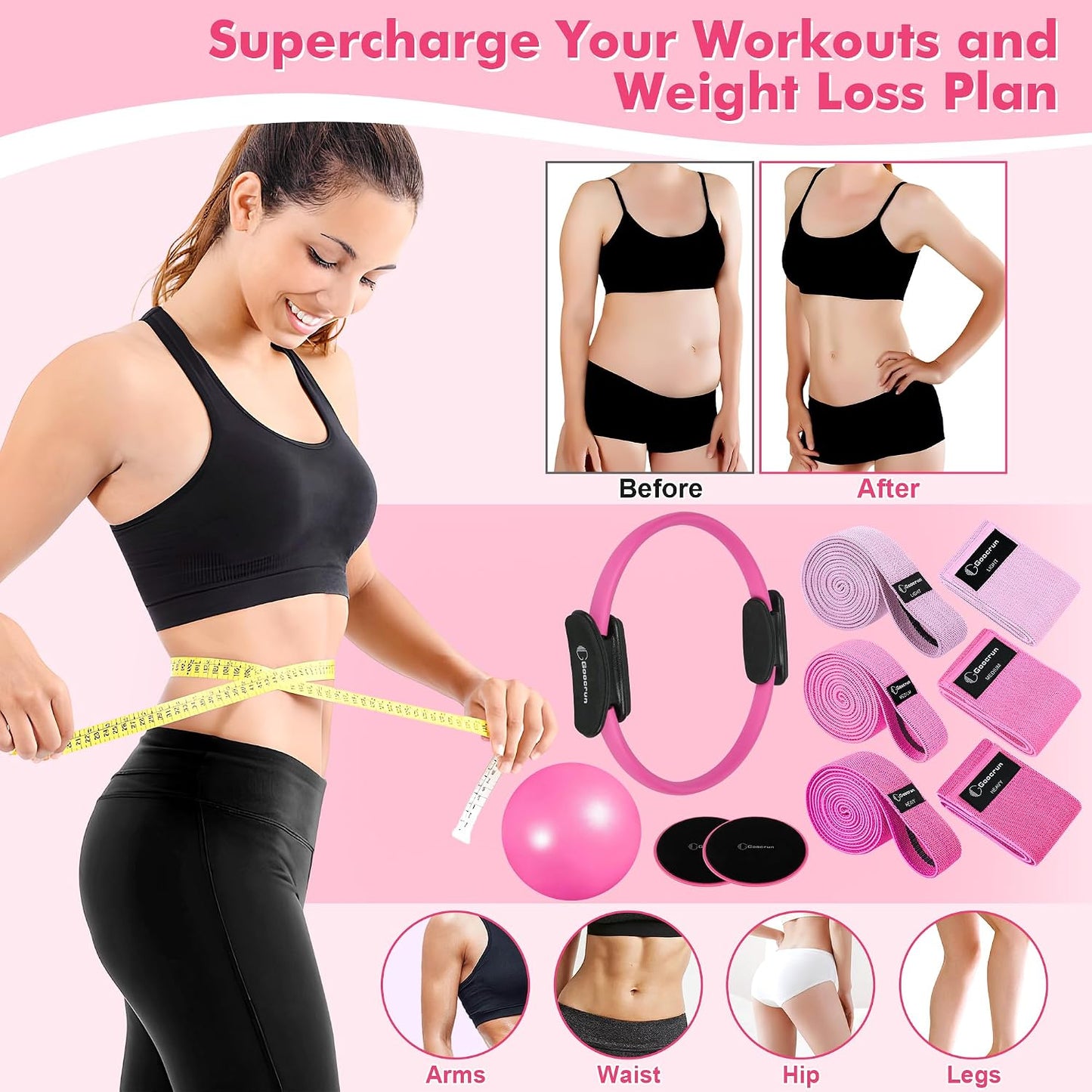 Goocrun Pilates Ring Set Exercise Equipment, with Exercise Resistance Bands Set, Pilates Ball, Sliding Disks. Portable Home Gym - with Fitness Guide Poster