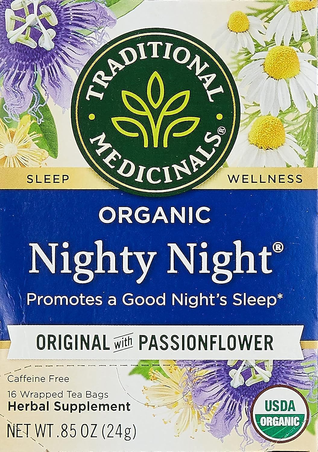 Traditional Medicinals Organic, Nighty Night Tea, Chamomile & Passionflower - Herbal Sleep Aid Teas - Kosher, Non-GMO, Caffeine-Free, Compostable - 16 Tea Bags