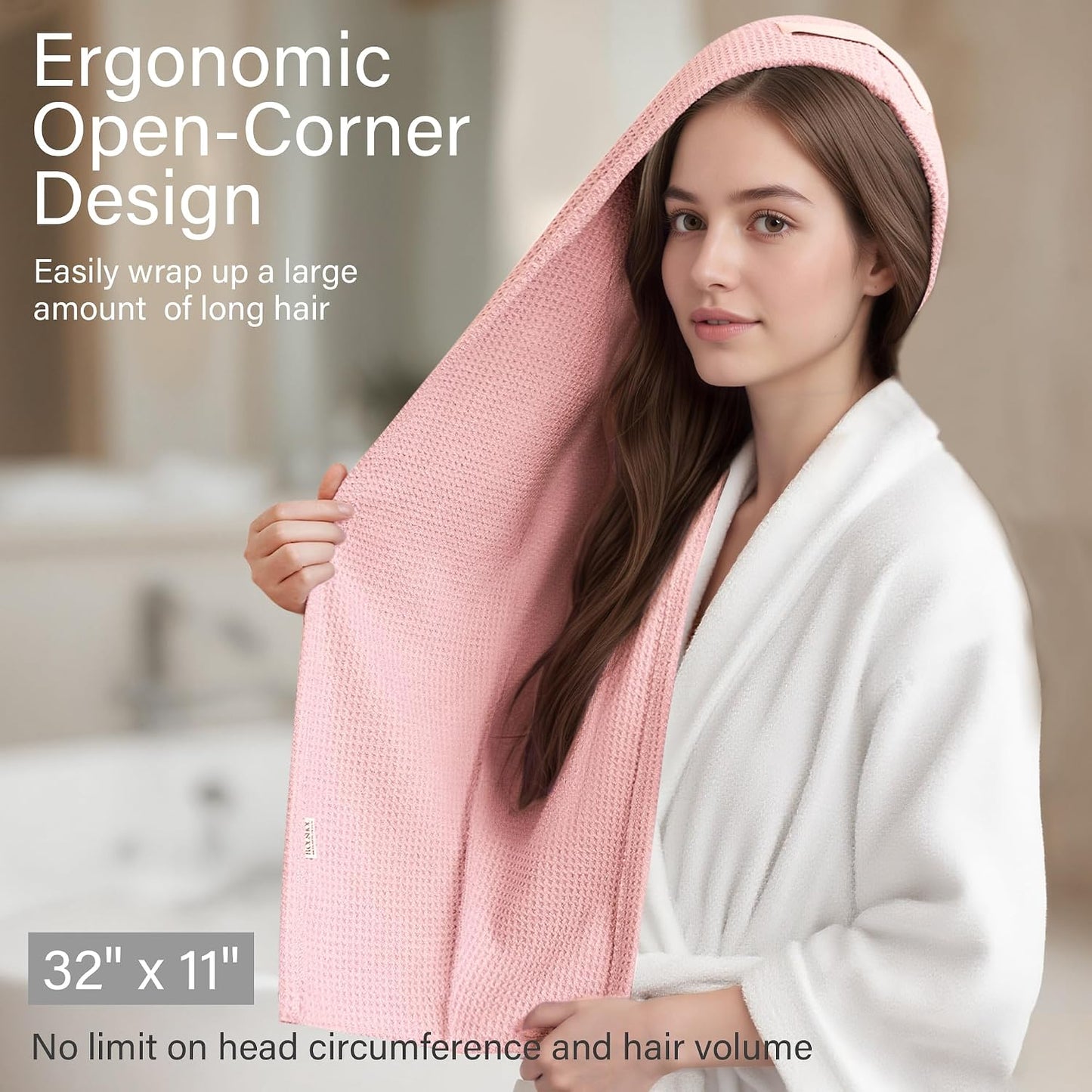 ROLSHOL 2 Pack Microfiber Hair Towel Wrap for Women, 32" x 11" Waffle Weave Hair Plopping Towel for Curly, Long & Thick Hair, Anti-Frizz Hair Turbans for Wet Hair (Pink, Grey)
