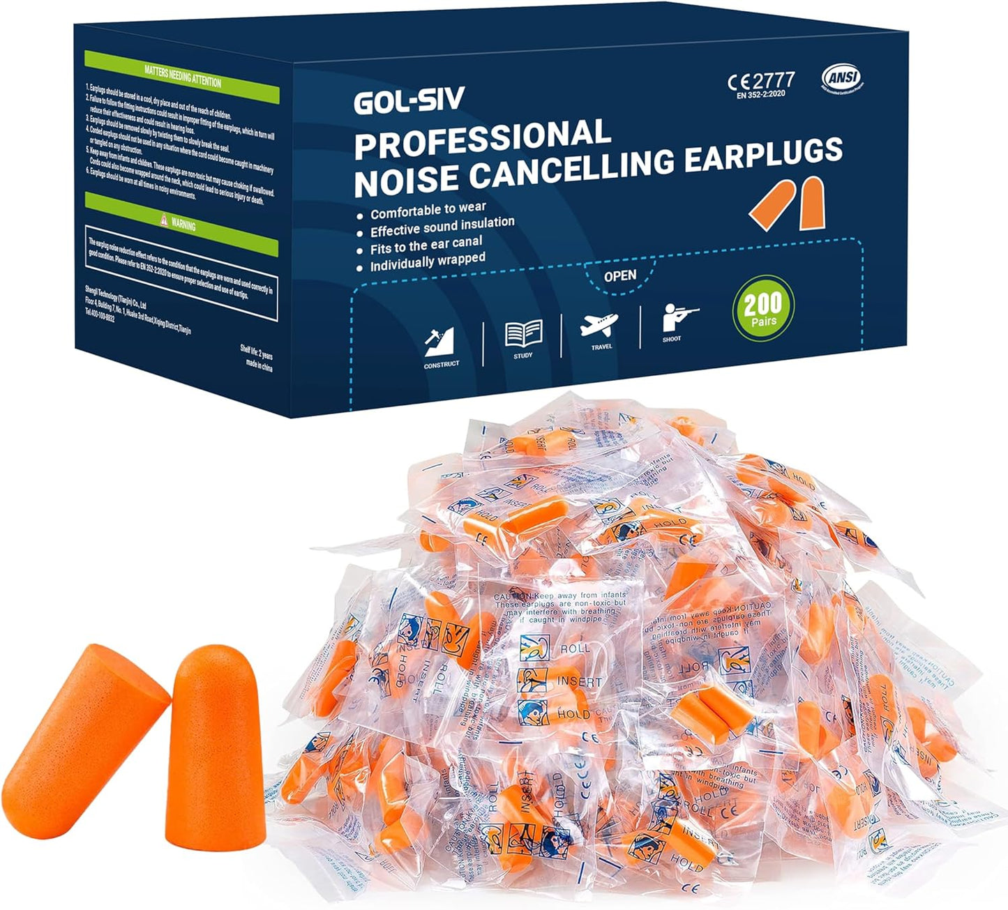 NRR 33dB Foam Ear Plugs with Cord,100 Pairs/Box，for Sleeping | Ultra-soft PU foam, fit ear canals, individually wrapped,earplugs for Construction , traveling, studying. shooting ranges